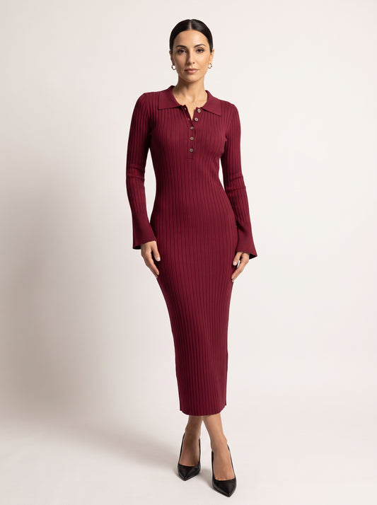 ARADA | Vestido Midi Canalé con Manga Acampanada