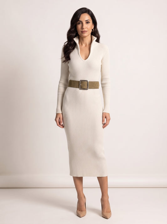 VERA | Vestido Midi de Punto Canalé con Cinturón