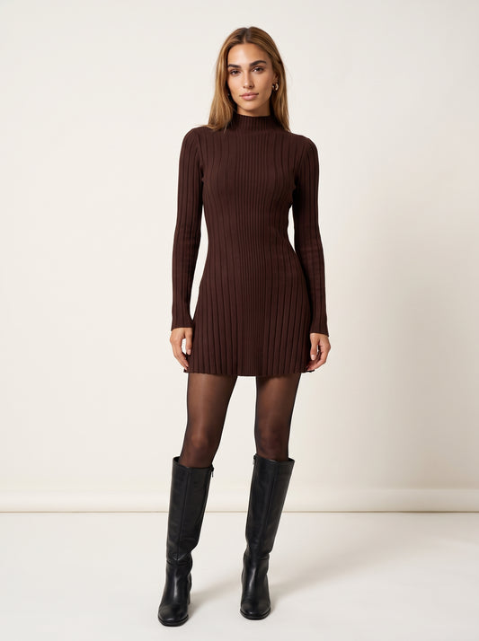 INÉS | Vestido Corto de Punto Canalé con Cuello Alto