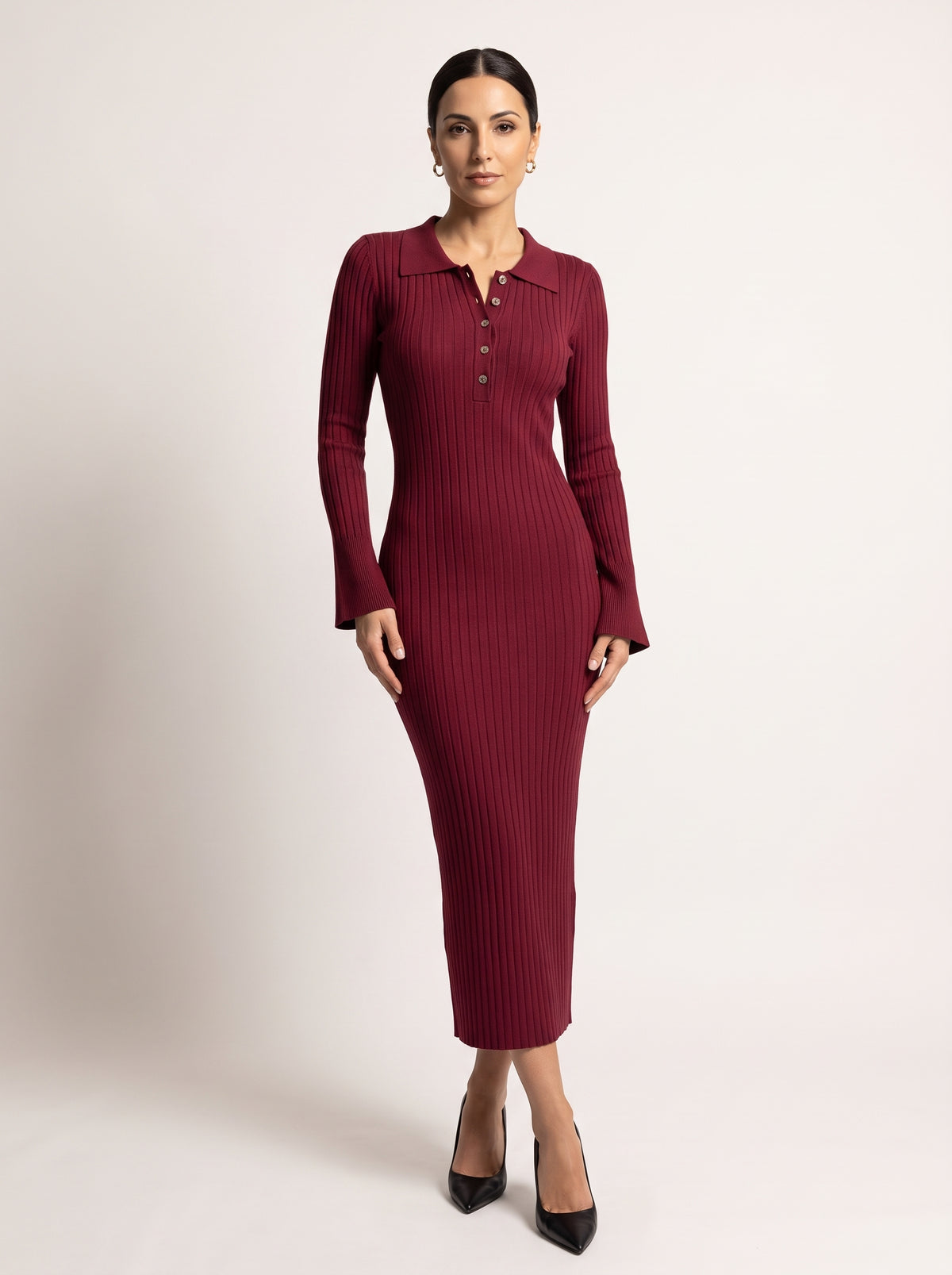 ARADA | Vestido Midi Canalé con Manga Acampanada